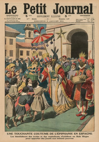 A Touching Epiphany Custom in Spain, the Benefactors of Schools and Orphanages Dressed Up as Magi Giving Toys to Poor Children, Front Cover Illustration from 